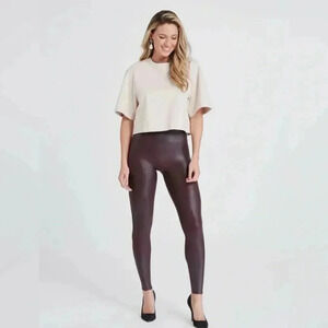 Spanx Faux Leather Mid Rise Wine Burgundy Red Leggings